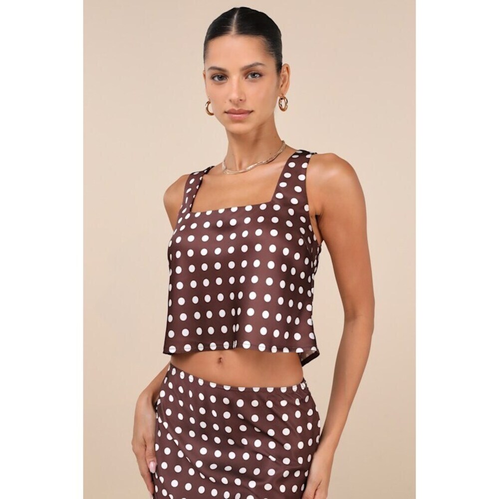 Lulus Classically Charismatic Brown Polka Dot Satin Cropped Tank Top - Size L